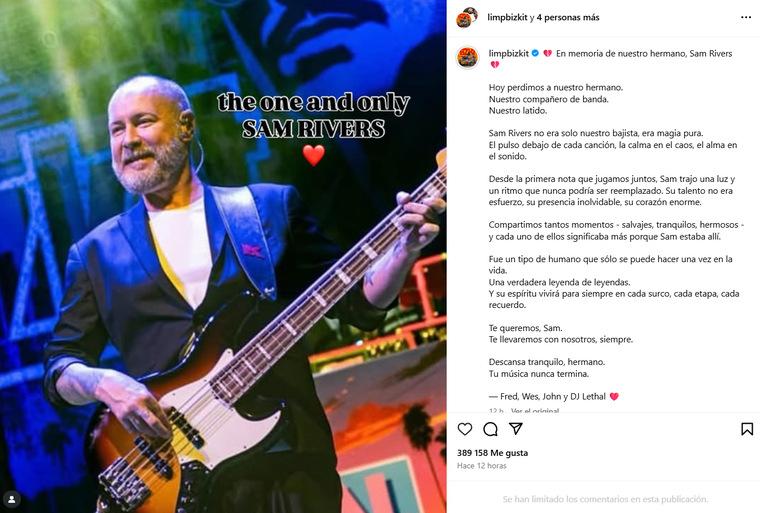 La publicación del grupo tras el fallecimiento de Sam Rivers. Foto: captura de pantalla Instagram/ @limpbizkit. La publicación del grupo tras el fallecimiento de Sam Rivers. Foto: captura de pantalla Instagram/ @limpbizkit.