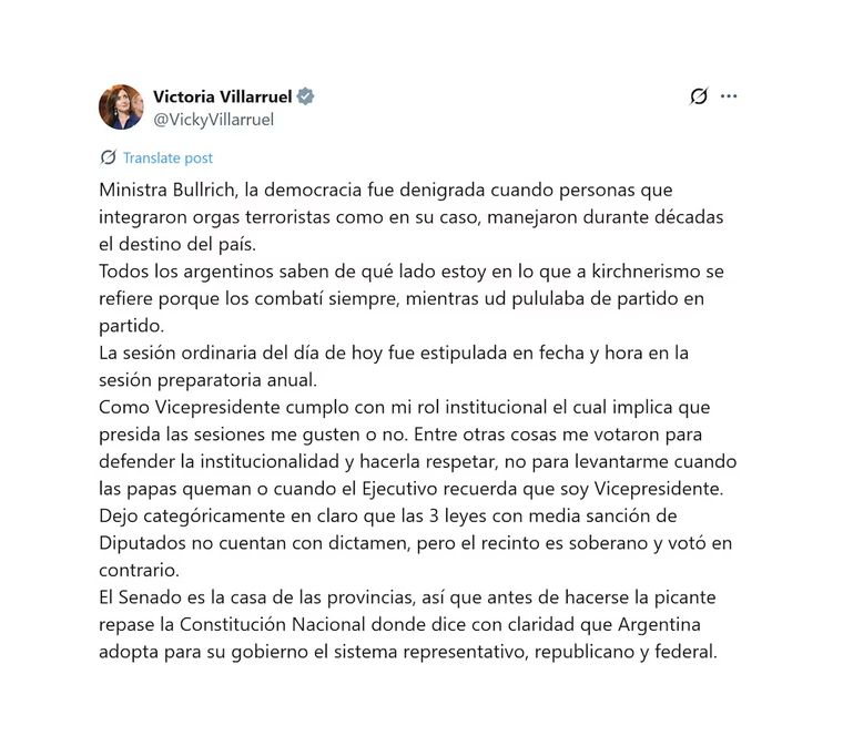 La contundente respuesta de Victoria Villarruel a Patricia Bullrich. La contundente respuesta de Victoria Villarruel a Patricia Bullrich.