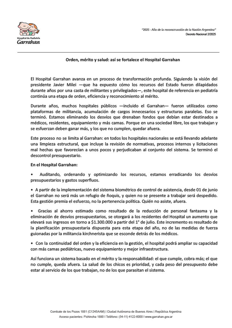 Desde la cuenta oficial del Hospital Garrahan en X (ex Twitter) lanzaron un comunicado en el que anunciaron el aumento para los residentes. 
