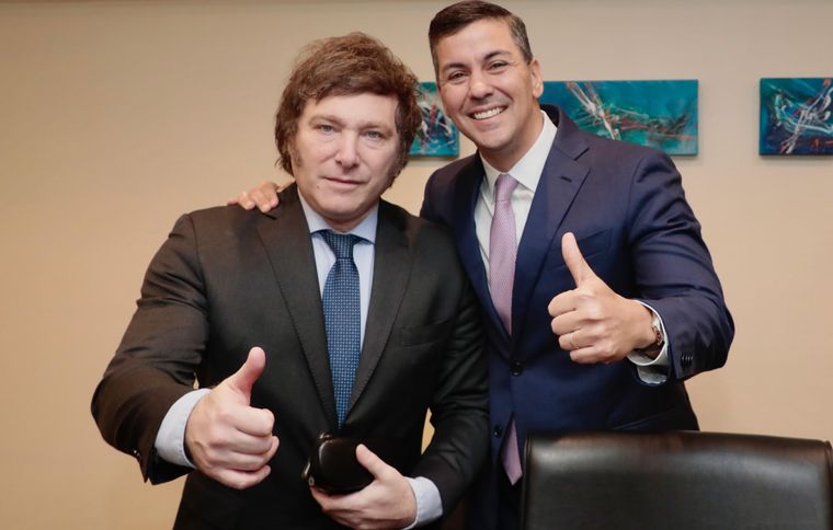 El presidente Javier Milei brindó una declaración conjunta con su par de Paraguay, Santiago Peña, en el marco de su visita al país vecino. Foto: Presidencia