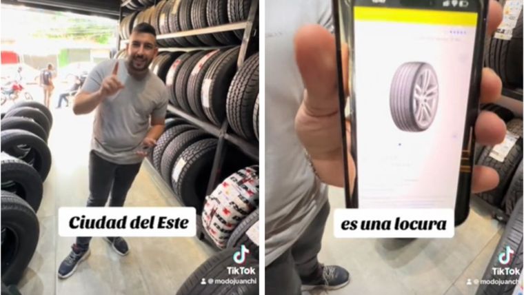 Viajó a Ciudad del Este y mostró la diferencia de precios en los neumáticos. Foto: Captura del video de TikTok