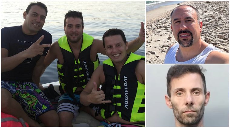 Los mendocinos detenidos: a la derecha, Diego Xiccato, Mauricio Aparo y Juan Manuel Zuloaga, juntos en lancha; a la izquierda, Juan Pablo Rua (arriba) y Sebastián Moyano (abajo).&nbsp;