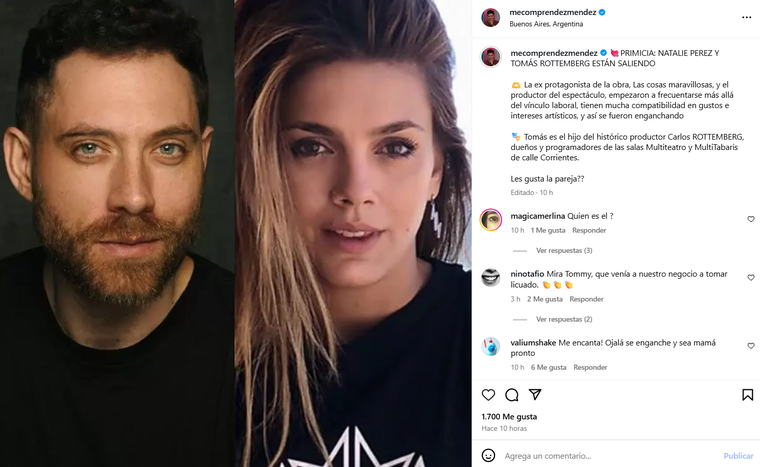 Natalie Pérez y Tomás Rottemberg estarían comenzando un romance. Foto: captura de pantalla Instagram/ @mecomprendezmendez. Natalie Pérez y Tomás Rottemberg estarían comenzando un romance. Foto: captura de pantalla Instagram/ @mecomprendezmendez.