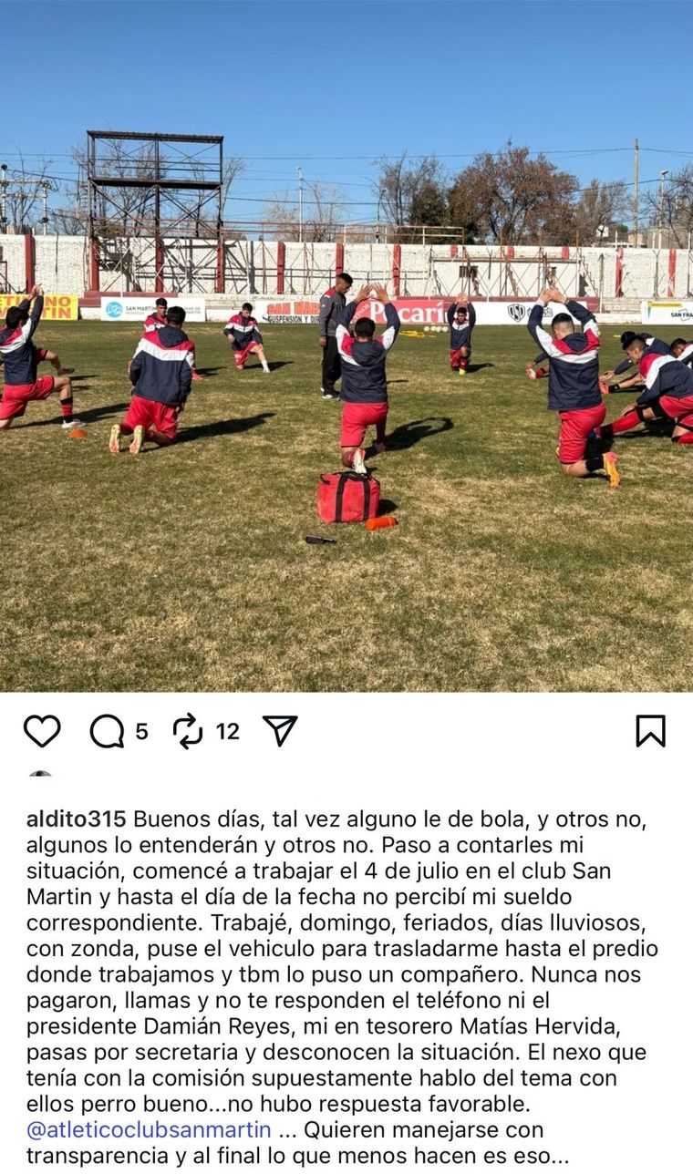 Una de las publicaciones de Aldo Palacios, en donde expone la situación que atraviesa con el club. Una de las publicaciones de Aldo Palacios, en donde expone la situación que atraviesa con el club.