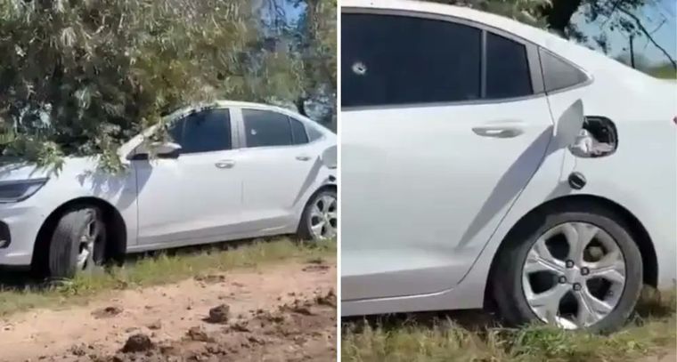 El auto tenía el tanque de nafta abierto con un trapo colgando y presentaba un balazo del lado del conductor. 