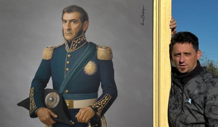 Ramiro Ghigliazza junto a una obra que realizó del General San Martín.