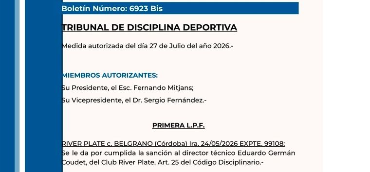 El bolet&iacute;n del Tribunal de Disciplina de AFA que confirma que River recupera a su entrenador para una visita importante en La Plata.