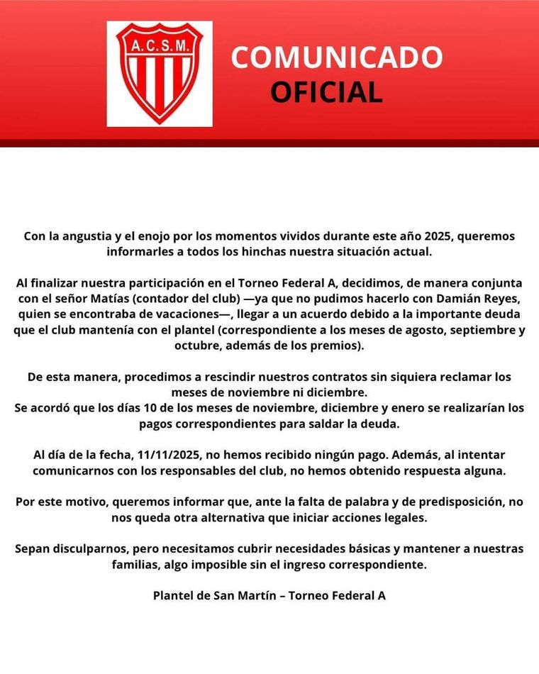 El fuerte comunicado que sacó el plantel del Atlético San Martín. El fuerte comunicado que sacó el plantel del Atlético San Martín.