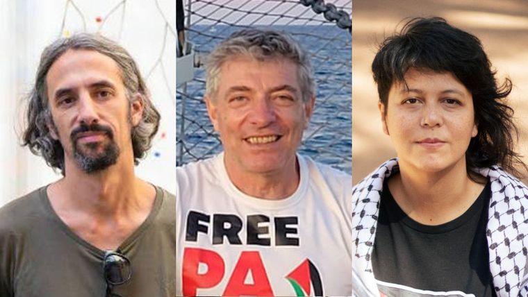 El diputado español Juan Bordera, el diputado argentino Juan Carlos Giordano y la legisladora municipal brasileña Mariana Conte se encuentran a bordo de la embarcación Sirius.