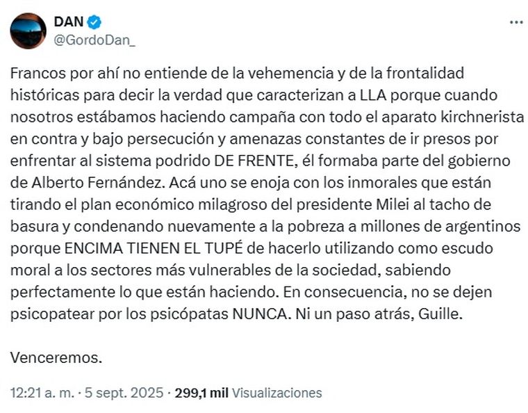 Uno de los nuevos posteos del Gordo Dan Uno de los nuevos posteos del Gordo Dan