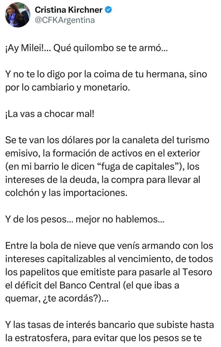El posteo de Cristina Fernández de Kirchner en X. El posteo de Cristina Fernández de Kirchner en X.