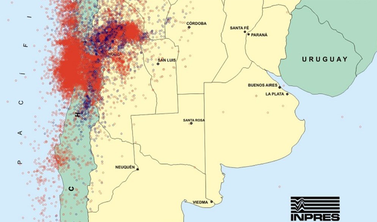 Provincia de Buenos Aires registra escasa actividad sísmica según este Mapa de sismicidad en la Argentina del Instituto Nacional de Prevención Sísmica (INPRES). Foto: Instituto Nacional de Prevención Sísmica (INPRES)