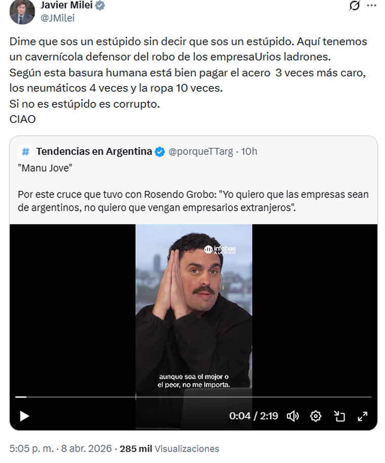 El posteo de Javier Milei contra Manu Jove. 