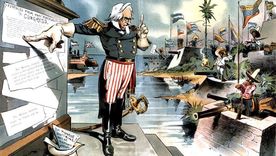 Caricatura satírica que apareció en la revista Judge en 1903: la Doctrina Monroe aplicada a Latinoamérica bajo ciertas condiciones. Caricatura satírica que apareció en la revista Judge en 1903: la Doctrina Monroe aplicada a Latinoamérica bajo ciertas condiciones.