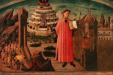 Alegoría de La Divina Comedia y Florencia de Domenico di Michelino. Dante sostiene su obra. A un lado está Florencia y al otro, una visión del infierno. Detrás de Dante, humanos que intentan ascender al cielo. Foto: GETTY IMAGES