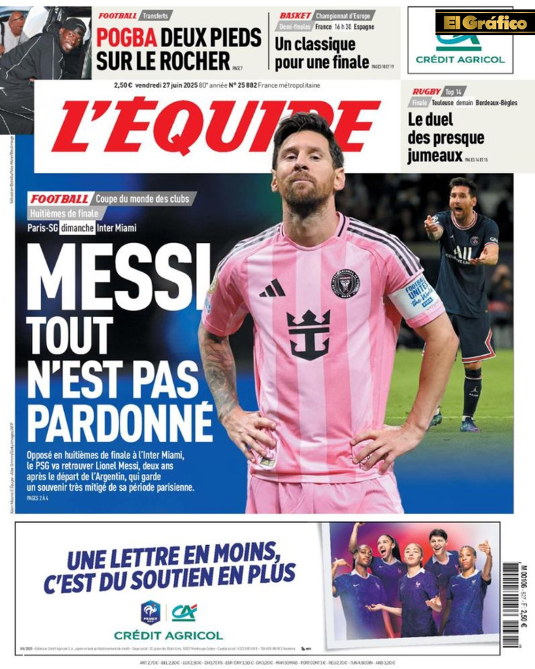 La tapa de L’Equipe contra Lionel Messi en la previa del PSG-Inter Miami. La tapa de L’Equipe contra Lionel Messi en la previa del PSG-Inter Miami.