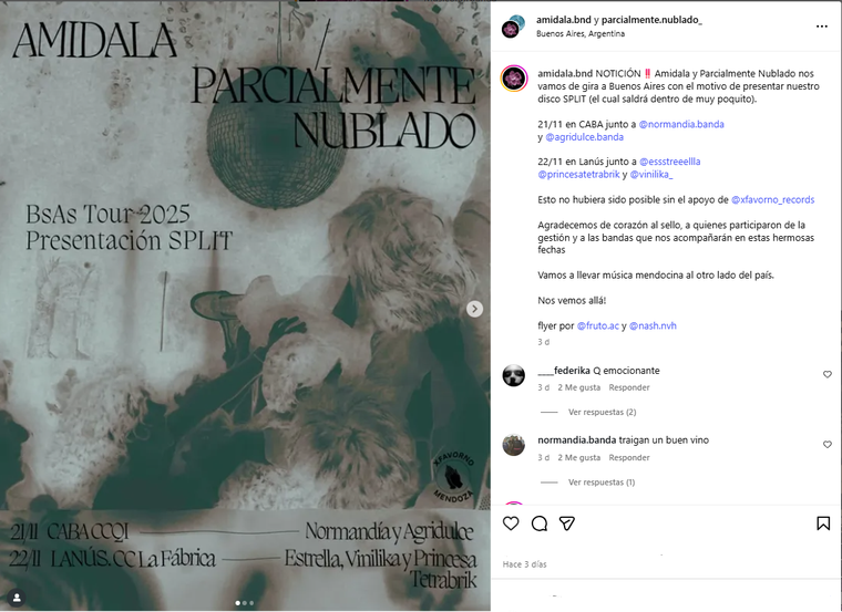 El anuncio de las fechas. Créditos: Instagram / amidala.bnd El anuncio de las fechas. Créditos: Instagram / amidala.bnd