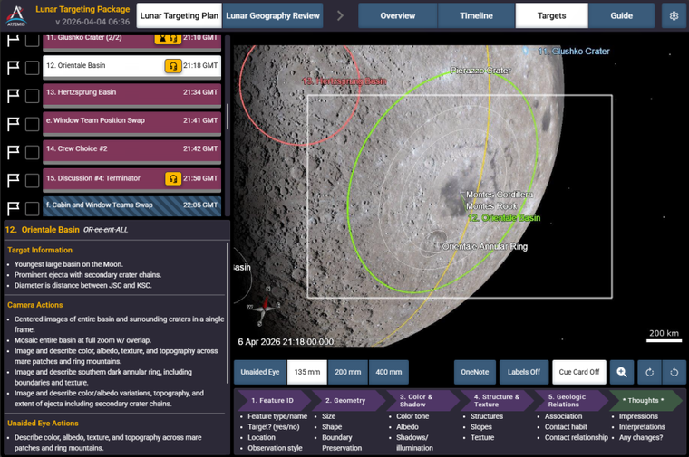 Captura de pantalla de la aplicación que la tripulación de Artemis II ve en sus PCD y que les guía en la ejecución del plan de observación científica lunar. Captura de pantalla de la aplicación que la tripulación de Artemis II ve en sus PCD y que les guía en la ejecución del plan de observación científica lunar.