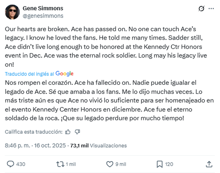 El mensaje de Gene Simmons. Foto: captura de pantalla X/ @genesimmons. El mensaje de Gene Simmons. Foto: captura de pantalla X/ @genesimmons. 
