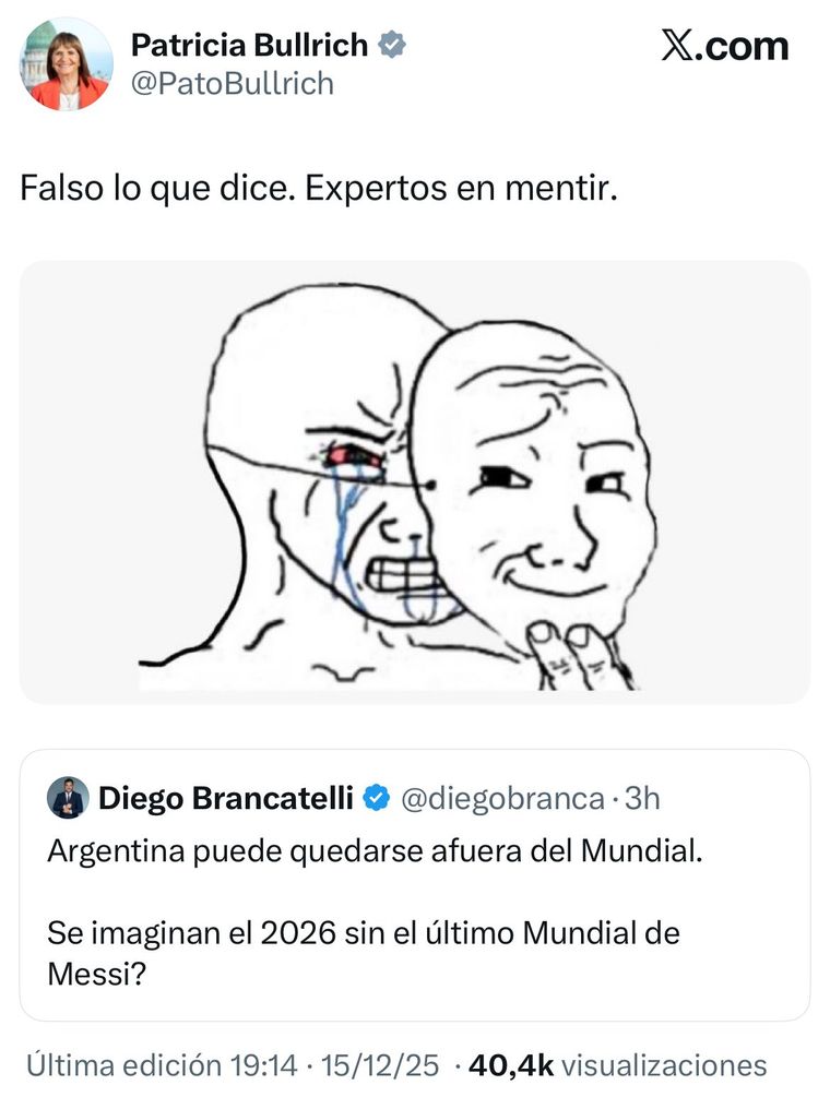 En medio de su guerra con la AFA, Patricia Bullrich cruzó a Diego Brancatelli por acusaciones En medio de su guerra con la AFA, Patricia Bullrich cruzó a Diego Brancatelli por acusaciones