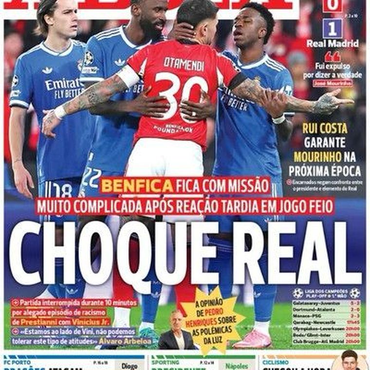 La tapa del medio portugués A Bola sobre el escándalo entre Prestianni y Vinícius Jr. La tapa del medio portugués A Bola sobre el escándalo entre Prestianni y Vinícius Jr.