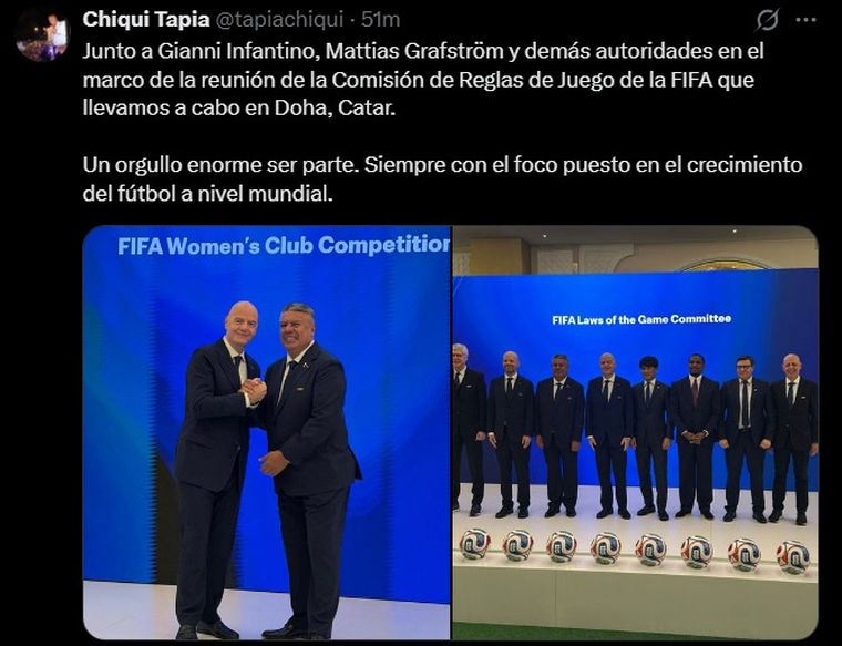El posteo de Chiqui Tapia junto a Infantino. Fuente: X El posteo de Chiqui Tapia junto a Infantino. Fuente: X