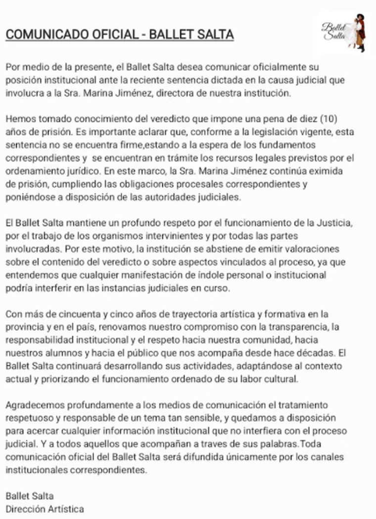 El comunicado del Ballet Salta. El comunicado del Ballet Salta.