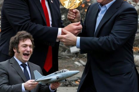 Increíbles. Donald Trump y Vladimir Putin disputan el trofeo por la paz, mientras Milei festeja la guerra. Imagen creada con Grok Increíbles. Donald Trump y Vladimir Putin disputan el trofeo por la paz, mientras Milei festeja la guerra. Imagen creada con Grok