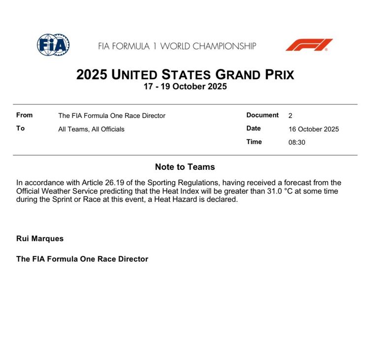 FIA activa protocolo por calor extremo para el Gran Premio de Estados Unidos. FIA activa protocolo por calor extremo para el Gran Premio de Estados Unidos.