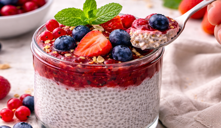 Un desayuno completo de verano, chía pudding con frutos rojos Un desayuno completo de verano, chía pudding con frutos rojos