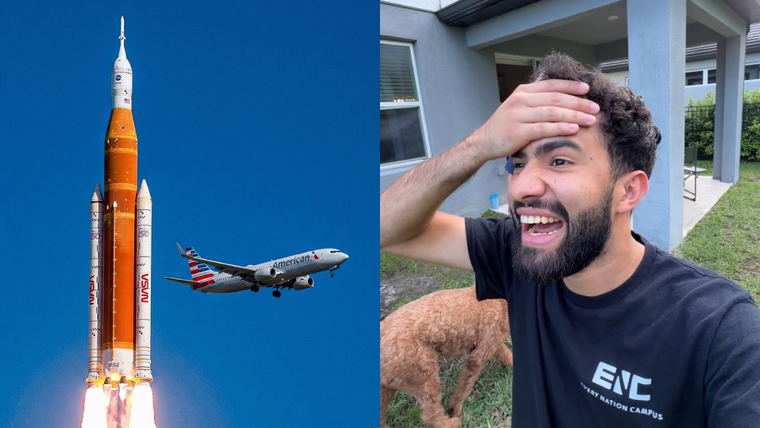 Así reaccionó el joven al ver el épico despegue del cohete de la NASA desde el patio de su casa.