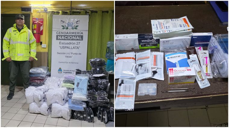 Los secuestros de prendas de vestir e insumos odontológicos de contrabando incautados en alta montaña.&nbsp;