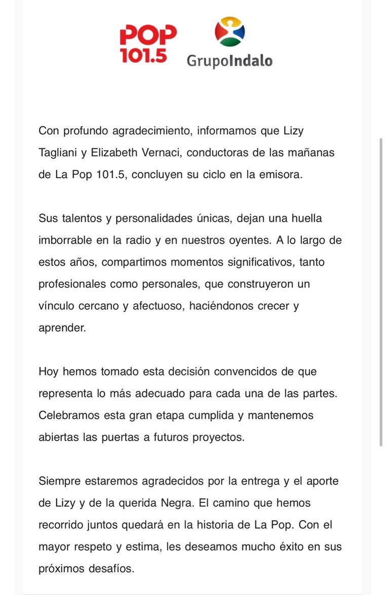 El escrito de Pop Radio tras la polémica. El escrito de Pop Radio tras la polémica.
