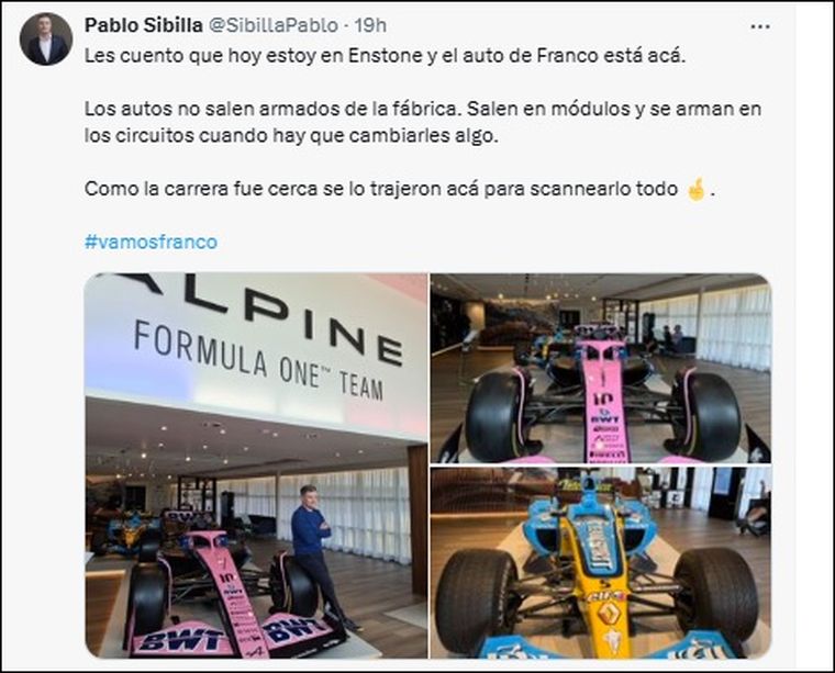 El posteo de Pablo Sibilla, presidente de Renault Argentina, sobre el Alpine de Franco Colapinto. El posteo de Pablo Sibilla, presidente de Renault Argentina, sobre el Alpine de Franco Colapinto.
