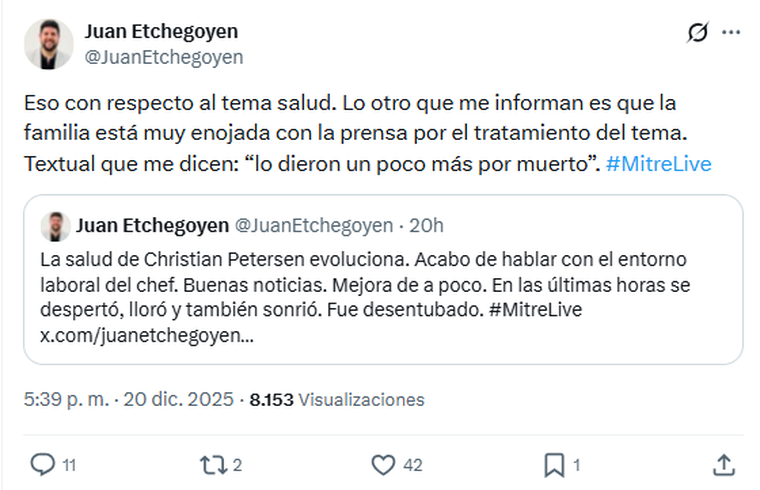 Juan Etchegoyen reveló el mensaje que le llegó de la familia de Christian Petersen. Juan Etchegoyen reveló el mensaje que le llegó de la familia de Christian Petersen.