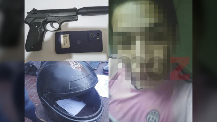 A la izquierda: un arma de aire comprimido, un celular y un casco incautados. En la derecha, Alexander Celán Ríos, uno de los detenidos. (Se pixela el rostro porque puede pasar a rueda de personas)
