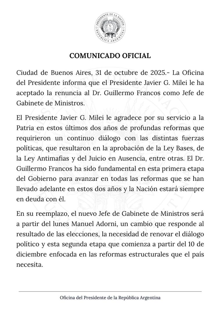 Este es el comunicado del Gobierno confirmando la salida de Francos Este es el comunicado del Gobierno confirmando la salida de Francos