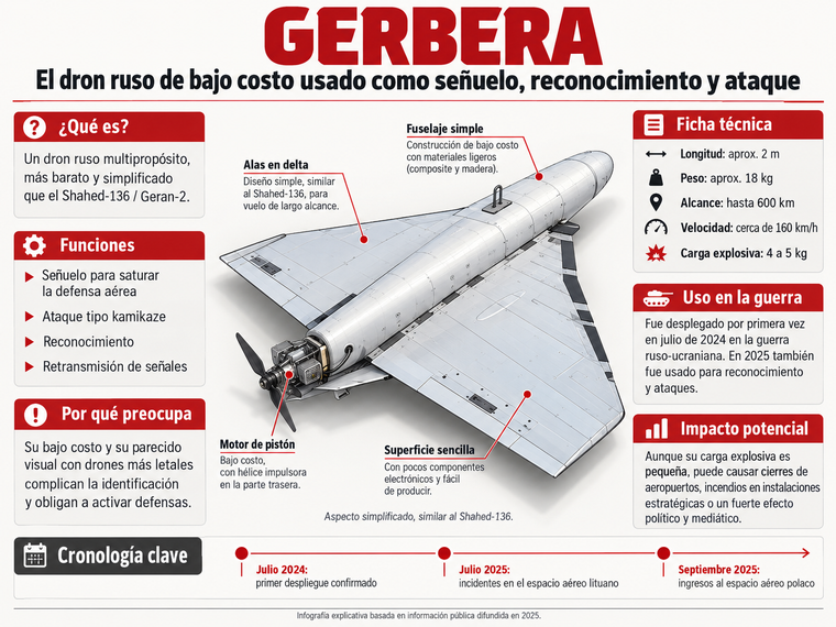 El dron Gerbera puede recorrer hasta 600 kil&oacute;metros y transportar una peque&ntilde;a carga explosiva de entre cuatro y cinco kilos.