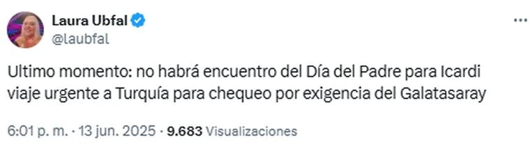 Laura Ubfal anunció que Mauro Icardi no se encontrará con sus hijas para el día del padre. Laura Ubfal anunció que Mauro Icardi no se encontrará con sus hijas para el día del padre.