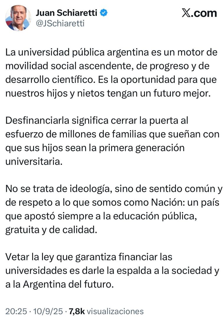 El rechazo de Juan Schiaretti al veto universitario El rechazo de Juan Schiaretti al veto universitario