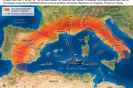 El mapa muestra el alcance aproximado de los drones mencionados en el informe de la CIA, que podrían ser lanzados desde el Mediterráneo hacia España, Francia e Italia.