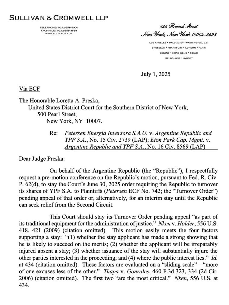 El Gobierno solicitó la suspensión del fallo de la jueza norteamericana Loretta Preska. El Gobierno solicitó la suspensión del fallo de la jueza norteamericana Loretta Preska.