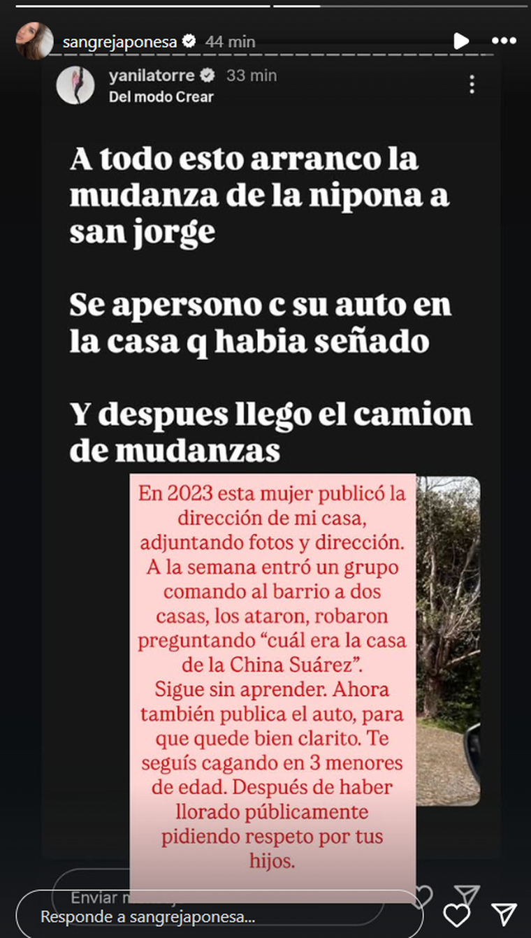 El posteo de la China Suárez contra Yanina Latorre. Foto: Instagram/ @sangrejaponesa. El posteo de la China Suárez contra Yanina Latorre. Foto: Instagram/ @sangrejaponesa.