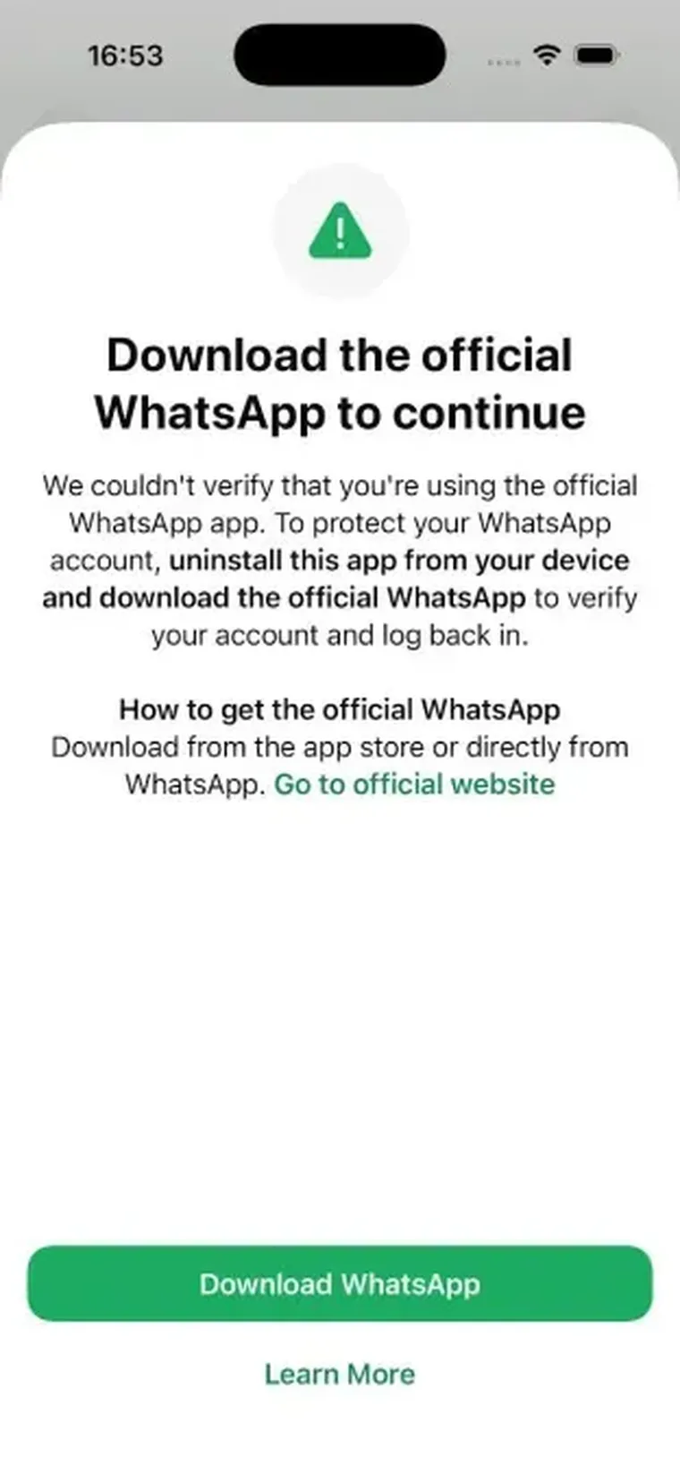 El aviso de que la app de WhatsApp que tienes instalada no es oficial.