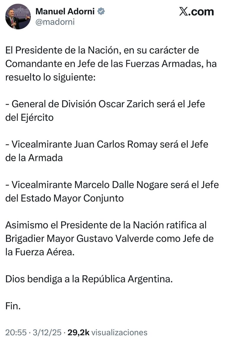 Manuel Adorni anunció una serie de cambios en altos cargos de las Fuerzas Armadas.