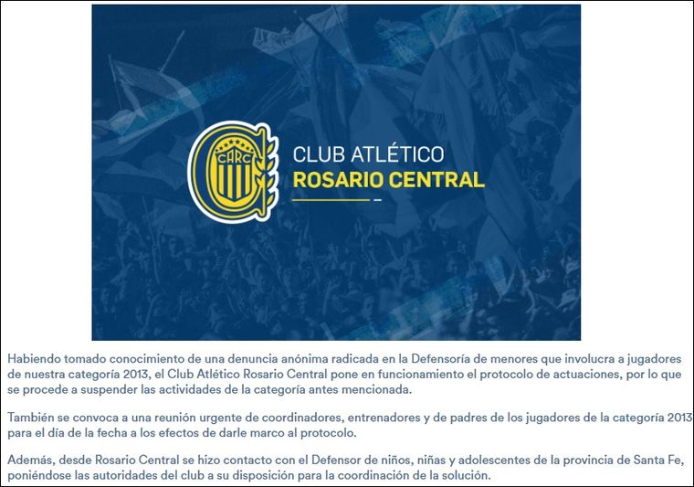 El comunicado de Rosario Central tras conocerse la denuncia. El comunicado de Rosario Central tras conocerse la denuncia.