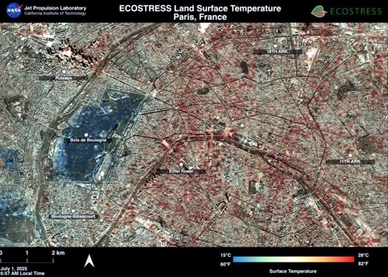 El instrumento ECOSTRESS capta París durante la ola de calor entre junio y julio de 2025 en Europa. Foto DPA El instrumento ECOSTRESS capta París durante la ola de calor entre junio y julio de 2025 en Europa. Foto DPA