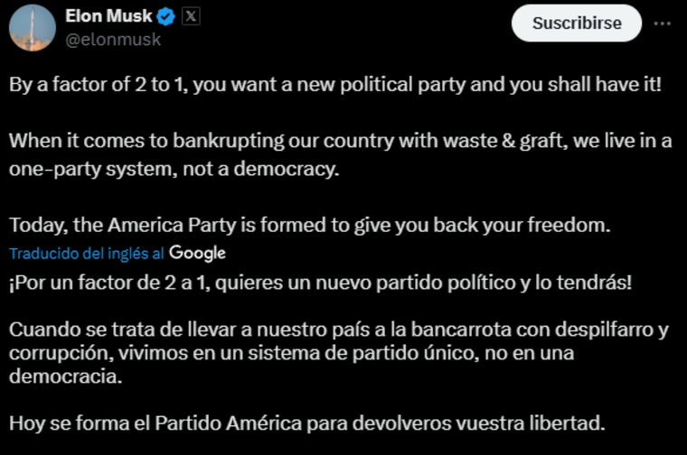 El comentario de Musk anunciando su nuevo partido El comentario de Musk anunciando su nuevo partido