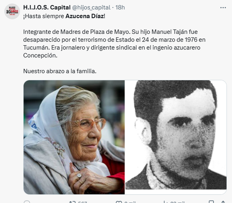 La agrupación HIJOS le dedicó un sentido mensaje a Azucena Díaz tras su fallecimiento. La agrupación HIJOS le dedicó un sentido mensaje a Azucena Díaz tras su fallecimiento.