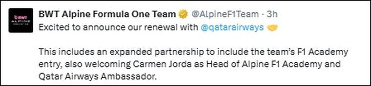 El posteo de Alpine en X para confirmar la extensión del vínculo con Qatar Airways. El posteo de Alpine en X para confirmar la extensión del vínculo con Qatar Airways.